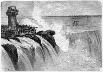 1869年、Velocipedeでナイアガラの滝を渡るアメリカ人ジェンキンス。