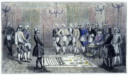 1740年頃のパリの徒弟ロッジ: この場面は「徒弟」フリーメイソンの加入儀礼を描く（床には徒弟ロッジの絵画） - 当時の版画に基づく。