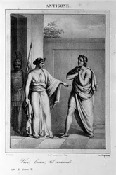 アンティゴネ』第1幕第3場。1783年にヴィットリオ・アルフィエリがギリシャ神話を題材に書いたイタリアの悲劇。18世紀のエングレーヴィング。