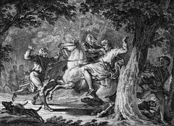 チルデリック2世の暗殺、675年：フランク王国の王（653-675年頃）は、ログネスの森で、自分が鞭を打った領主ボディロンに殺された。18世紀のエングレーヴィング。