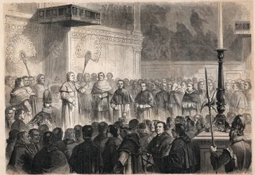 1597年に日本で磔にされた26人の「日本の殉教者」の列福を記念して、ローマのシスティーナ礼拝堂で行われた教皇ピオ9世（Pio）（1792-1878）による外国人教会関係者への謁見。
