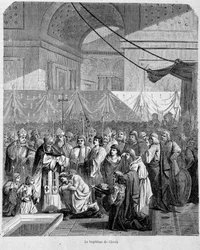 498年12月25日、ランスのカテドラルで行われたアナスターゼ2世によるクロヴィスの洗礼式 - "Histoire des popes" vol.1, Maurice Lachatre.