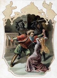 青ひげ。シャルル・ペローの物語。1697年。19世紀後半のクロモリトグラフ。「格安で」のステッカー。「青ひげは、好奇心を罰するため、自分が殺した妻たちのいる小部屋に入ろうとした妻を殺そうとする。」