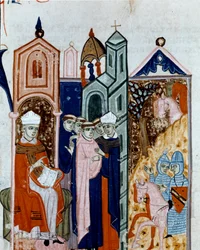 ローマ・カトリック教会の法律と規範を規定した1140年の "Decret de Gratien"（"Concordia discordantium canonum "または "Decretum Gratiani"）より、ミニチュア修道士の聖体拝領の儀式。14世紀のチェゼーナのマラテッスィー図書館