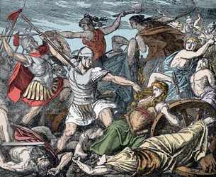 馬車の砦を守るCimbricの女性たち - Roman Antiquite, Cimbres War: ローマ兵に対するCimbresの女性たちの犠牲。