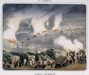 パリのコミューン。パリの火事パリに向かって大砲を撃つコミューン派。1871.