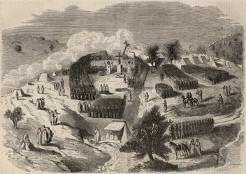 Conquete de Algerie: 1857年の大カビリア遠征、Souk-el-Arba（スーク・エル・アルバ）にナポレオン砦の最初の石を据える。1857年の "Le Monde illustrious "に掲載されたエングレーヴィング。個人蔵。