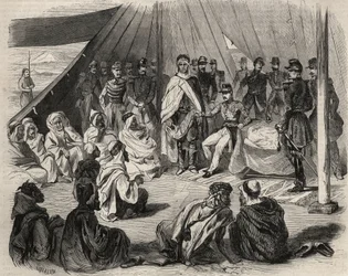 アルジェリアのコンケテ：1857年に大カビリアへ遠征。フランス軍によるベニ・ラテン(Beni Raten)のカビル族の服従。1857年の「Le Monde illustrious」に掲載されたエングレーヴィング。個人蔵。