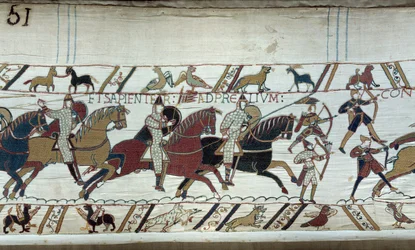 1066年、ノルマンディー公ウィリアム征服王によるイングランドの征服：ヘイスティングスの戦いの始まり バイユータペストリーの詳細またはマチルド王妃の刺繍