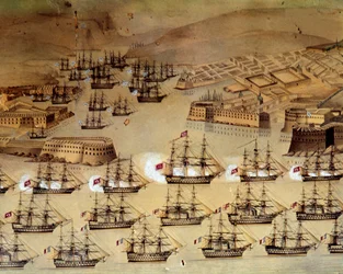 ロシアとオスマン帝国の間のクリミア戦争（1853-1856）：フランス軍とイギリス軍はトルコ軍と同盟し、1854年10月17日から1855年9月8日までロシアの港セバストポリを包囲する。イスタンブール、海軍博物館。