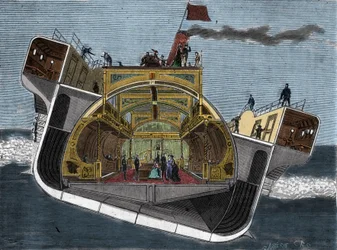 ヘンリー・ベッセマー（1813-1898）が船酔い防止のために設計したボートの断面図。19世紀のエングレーヴィング。