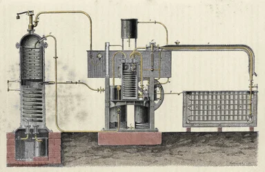 フェルディナンド・カレ（1824-1894）の工業用器具を切断して氷を作る。19世紀のエングレーヴィング