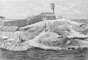 ドレフュス事件。アルフレッド・ドレフュス大尉（1859年～1935年）はガイアナのデビル島（1895年～1899年）に送還。エングレーヴィング。
