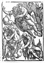 エオレ（右下）と風。"Mythologiae sive explicationes fabularum" da Natalis Comitis.パドヴァ1677年