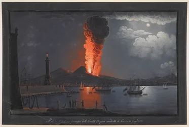 Vesuvius-vuoren purkaus. Yöllinen kohtaus, jossa joukko hahmoja pohtii Vesuviuksen purkausta Napolinlahden vastakkaiselta puolelta, majakka vasemmalla, laivat purjehtivat oikealla ja kaupunki ja tulivuori taustalla; kehyksen sisällä s