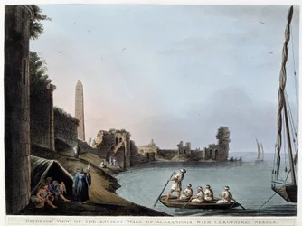 クレオパトラの針があるアレキサンドリアの古代城壁（城壁とオベリスク）の外観 - "Views in Egypt, Palestine and other parts of Ottoman Empire" より