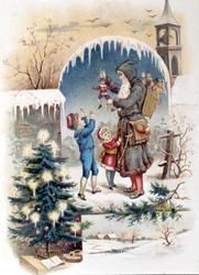 ファーザー・クリスマスと子供たち。1892年のクロモリトグラフ。