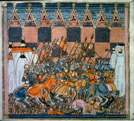 第一回十字軍：1099年、ゴデフロイ・デ・ブイヨン（1058-1100）が率いる十字軍によるエルサレムの包囲と攻略。14世紀パリの「海外年代記」のミニチュア、B.N.