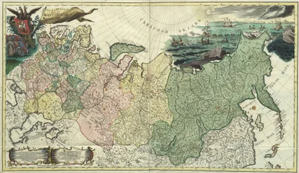 ロシア帝国の最初の一般地図 - 匿名のマスター - 1745 - 銅版画、水彩 - 科学アカデミー、サンクトペテルブルク