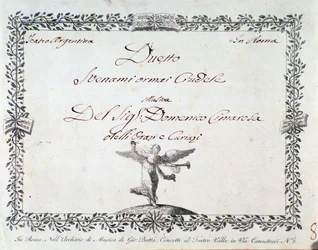 ドメニコ・チマローザの『Gli Orazi e i Curiazi』に収録されている「Svenami ormai crudele」の楽譜の最初のページ、1798年頃。