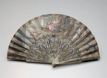 フランソワ・ブーシェの後の「リナルドとアルミダ」の扇子、1734-50年頃（二重ベラムと紙の葉、マザーオブパール、金メッキとペーストの宝石にガッシュとw - c）