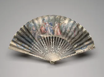 古典的な主題、おそらく結婚の寓話、c.1750s-60s（単一のベラムの葉のガッシュ、象牙、金メッキ、ガッシュ、真ちゅう）を備えた扇子