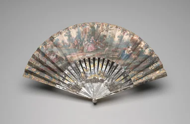 牧歌的なシーンの扇子、c.1740-60（二重紙の葉のガッシュ、マザーオブパール、金メッキとペーストの宝石）