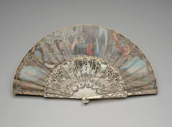 ファッショナブルなインテリアのカードプレーヤーのシーンを備えた扇子、c.1740s-50s（単一のベラムの葉、象牙または骨、金メッキ、ガッシュ、シルク、真鍮のガッシュと水彩画）