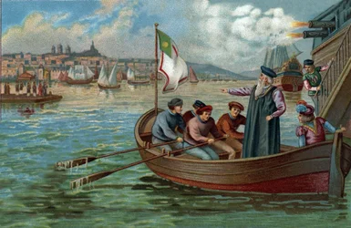 旧ショッピングセンター：ポルトガルの航海士ヴァスコ・デ・ガマ（1469-1524）がポルトガルのポルトに戻ってきた。19世紀末のクロモリトグラフ