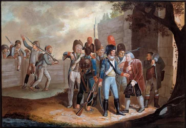 フランス革命。"スイスのフランス人による戦争堤防の貢献" 無名の絵画。1798.パリ、アルミー美術館