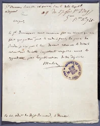 フランス革命：1793年2月26日付のデノム・メルリンからの手書きの手紙で、2月24日にデュムリエス将軍がオランダのブレダ市を攻略したことについて書かれている。ノール・リールの部門別アーカイブ