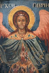 ギリシャ、アトス山、クトゥルーモウ修道院の教会のフレスコ画、2006年（写真）。