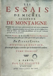 フランスの作家であり人文主義者であるミシェル・ド・モンテーニュ（1533-1592）の「Les essays」の正面図。1725年 Barcelona.カタルーニャ州の図書館