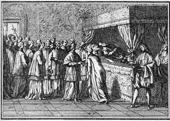18世紀の教皇の葬儀：死んだ教皇の遺体の認識。Histoire des religions "に掲載されている図版。