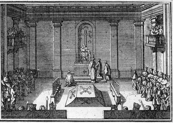 18世紀の教皇の葬儀：オブセックの儀式。Histoire des religions "に掲載されているエングレーヴィング。