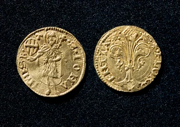 金のフローリン金貨。1250-1300年、フィレンツェ、バルジェロ国立美術館