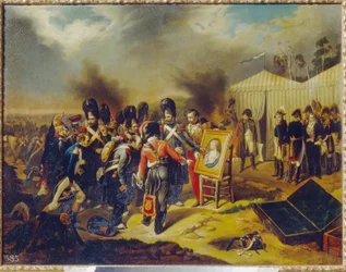 ナポレオン戦争、ロシア遠征 (1812): 皇帝の息子、ナポレオン 2 世ライヒシュタット公爵およびローマ王 (1811-1832) の肖像画を賞賛するナポレオン 1 世のロイヤル ガード、愛称アイグロン - 皇帝は彼の前に立っているシーンを観察します。テント
