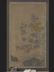 掛軸：マガモ（絹平織り）
