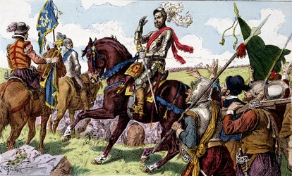 1590年、イヴリーの戦い（＝ノルマンディーのイヴリーの戦い）でのヘンリー4世（1553〜1610）。19世紀の子供たちのイメージ。