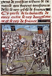 百年戦争：1346年8月26日、フランス軍とイギリス軍の間で行われたクレシーの戦い。ジャン・フロワサール（1337-1400）の年代記からのミニチュア