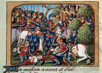 百年戦争：1450年4月15日、フォルミニー（カルヴァドス）でのトーマス・キリエールとジャン・ド・クレルモンのイングランド軍との戦いを描いたもの。Marが編集したJean Chartierの年代記の中の「Vigiles du roi Charles VII」という写本から彩色されたミニチュア。