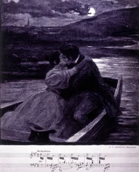 オーストリアの指揮者・作曲家であるヨハン・シュトラウス（1825-1899）の「Beau Danube Bleu」のイラスト。