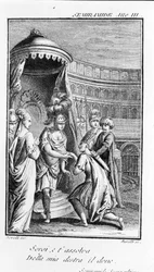 アントニオ・サリエリ（1750〜1825）のオペラ「セミラミス」のイラスト。ピエール・メタスタス（またはピエトロ・メタスタシオ）によるブックレット。第3幕の最後のシーン。