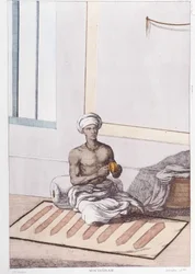 インドの文化・文明・社会：インドの伝統的なパーカッションを持つ音楽家。1808年に描かれた版画。