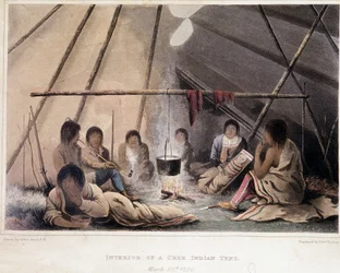 アメリカのインディアンのテントの間 - ジョン・フランクリン編「1819年から1821年にかけての極海沿岸への旅の物語」より。ロンドン