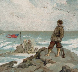 極地の海辺でアメリカ国旗を掲げるアイザック・イスラエル・ヘイズ（1832-1881）。19世紀末のクロモ。