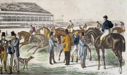 レース前の騎手と馬 - エングレービング、1850年頃