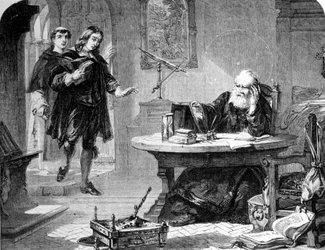 ジョン・ミルトン（イギリスの詩人・エッセイスト）（1608 - 1674）は、ガリレオ・ガリレイ（Galileo）（1564 - 1642）をフィレンツェの異端審問所の独房に訪ねた。エングレーヴィング。1860年頃