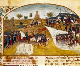 アレクサンダー大王（紀元前356～323年）とその軍勢がタイガーとミニチュア・ユーフラテスを通過する様子。"Book of Facts of Alexander the Great" by Quintus Curtius Rufus (Quinte Curce) (1st century) 1468年頃の作品。(Ms 1335) Reims.ランス市立図書館