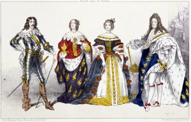 Les Bourbonsルイ13世（1601-1643）とアンヌ・ドートリッシュ（1601-1666）、マリー・テレーズ・ドートリッシュ（またはスペイン）（1638-1683）とルイ14世（1638-1715） - パリの版画に描かれたフランスの王と王妃から抜粋した図版。スウィフト